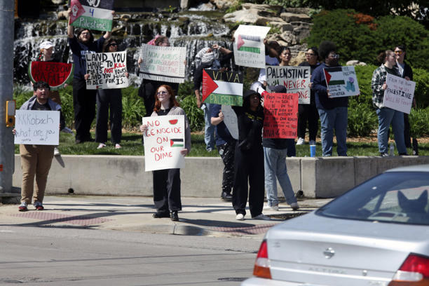 About 40 students at Washburn University stage a protest expressing support for Palestinians in Gaza and calling for a cease-fire in the war there on May 3, 2024, in Topeka, Kansas.