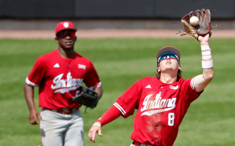 Indiana Hoosiers infielder Tyler Cerny (8) catches a fly ball during the NCAA baseball game against the Purdue Boilermakers, Sunday, May 5, 2024, at Alexander Field in West Lafayette, Ind.