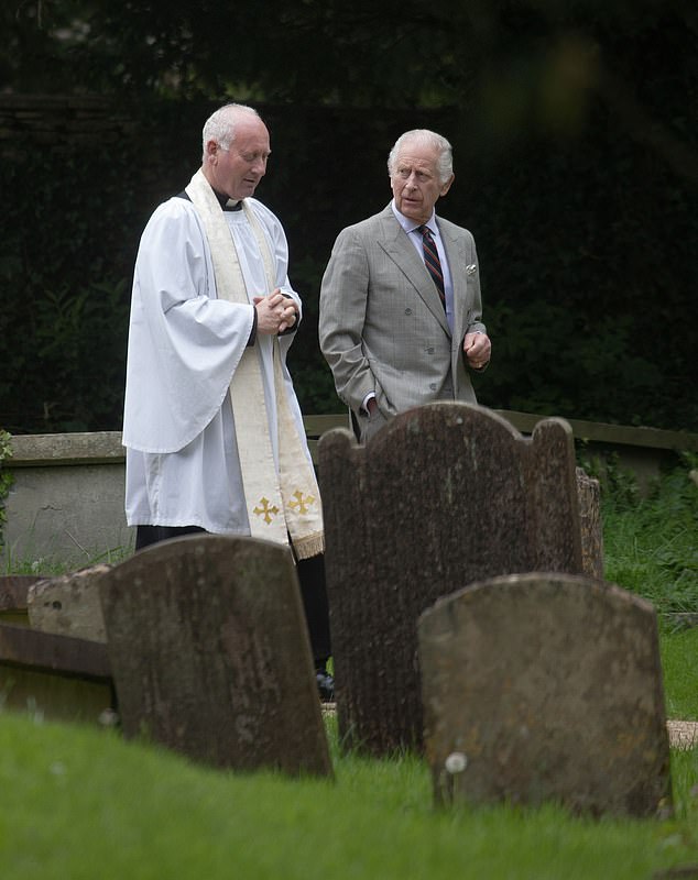 king charles pictured leaving sunday service in gloucestershire