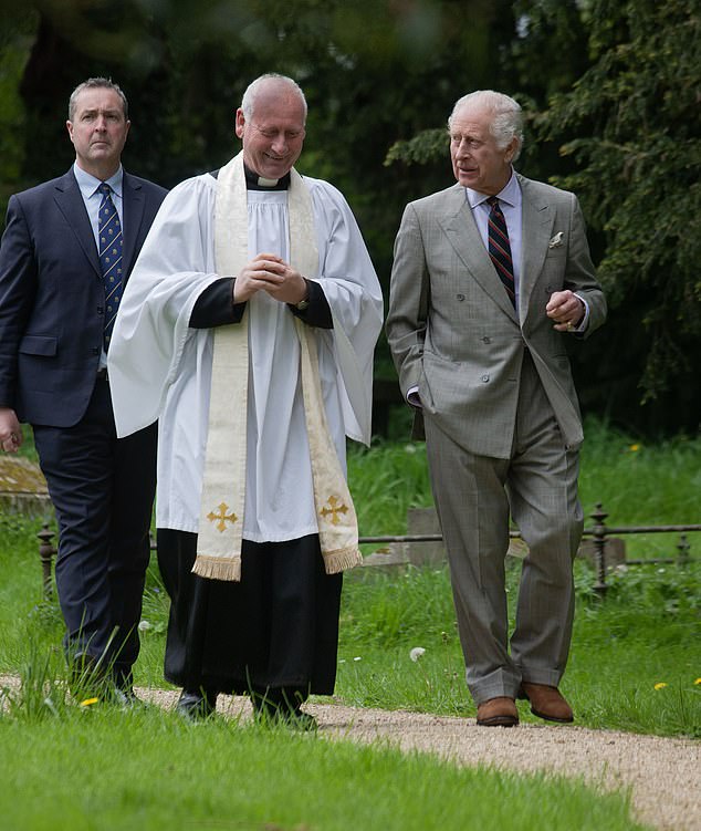king charles pictured leaving sunday service in gloucestershire