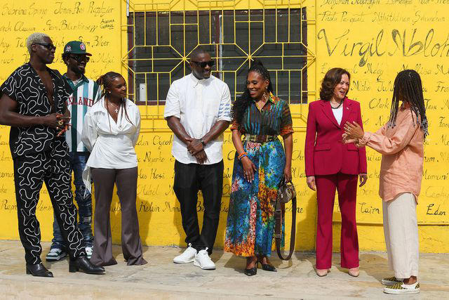 NIPAH DENNIS/AFP via Getty Idris Elba and Sheryl Lee Ralph join Vice President Kamala Harris at a community recording studio in Ghana on March 27, 2023