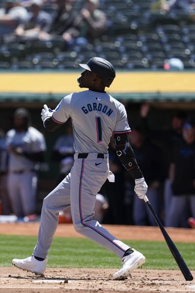 nick gordon homers and gets 4 hits to lead marlins past a's 12-3
