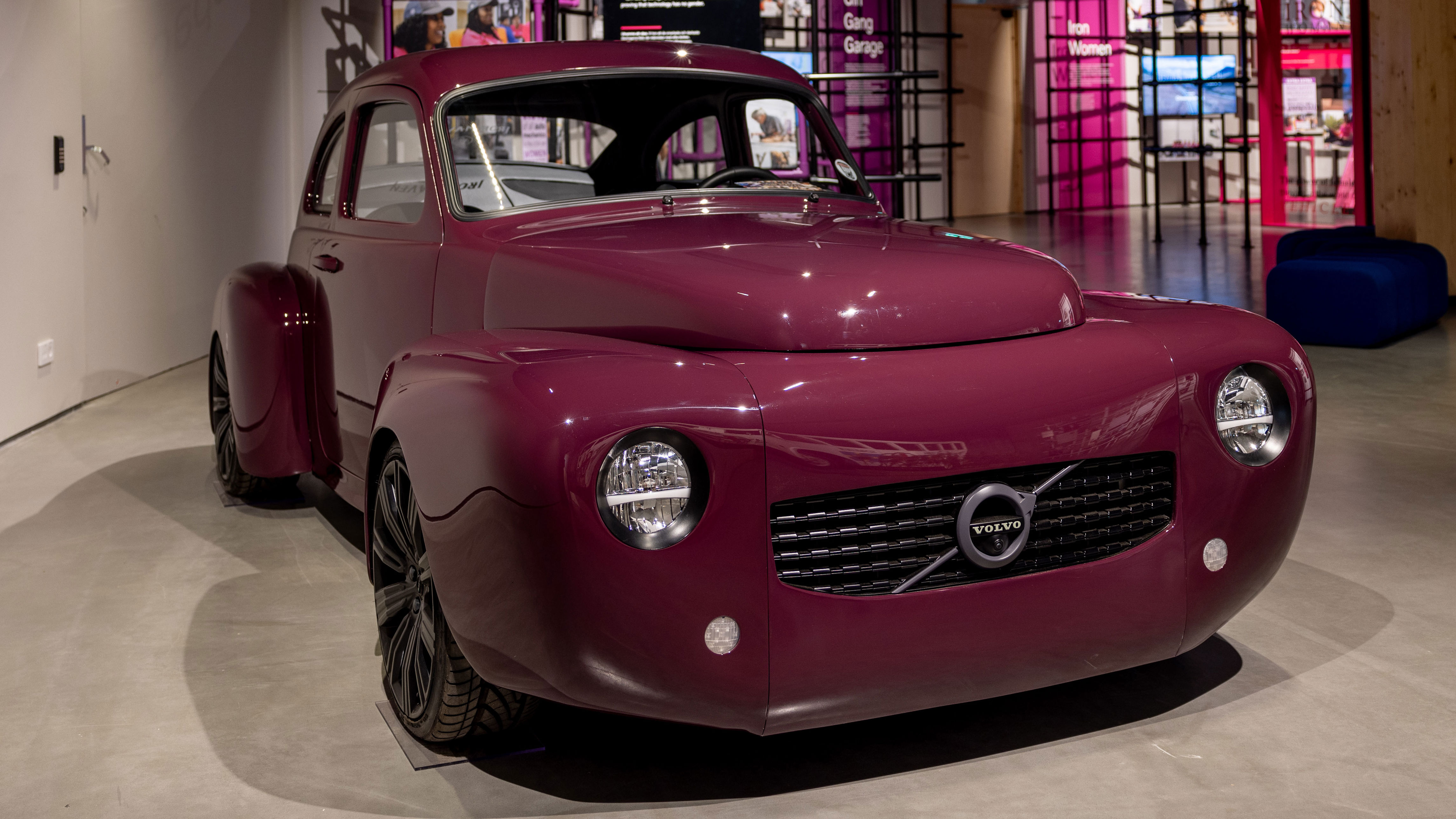 the iron maven is an all-electric volvo pv544 restomod with a villainous silhouette