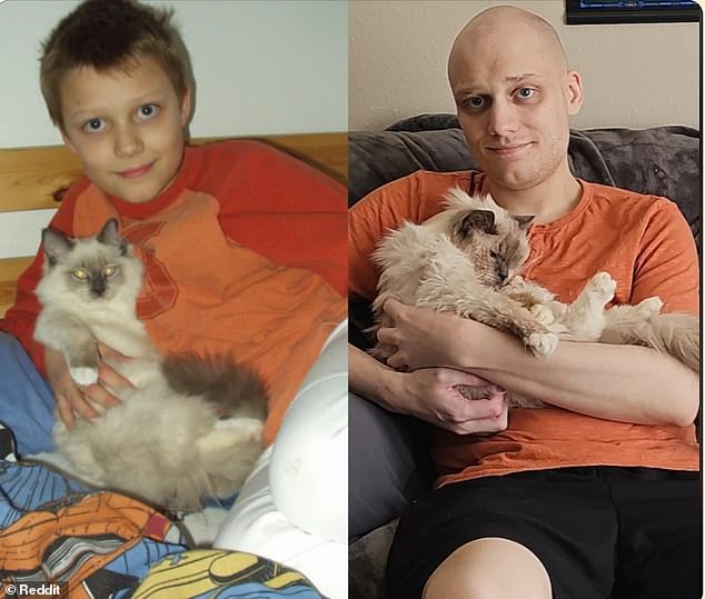 man recreates sweet side-by-side picture with his childhood cat