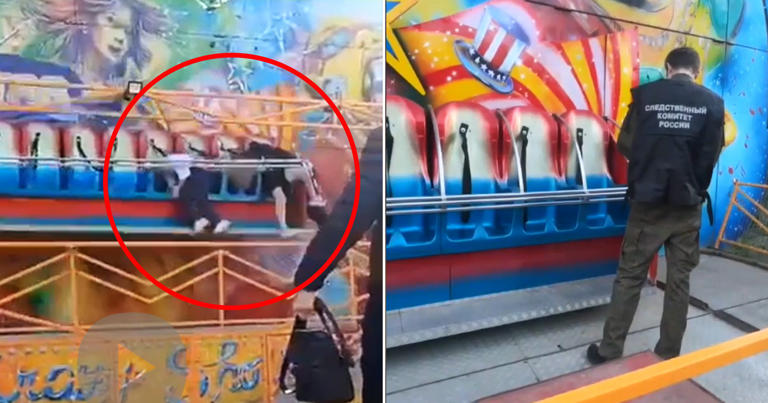Children hang on for their lives after safety bar comes loose on fairground ride