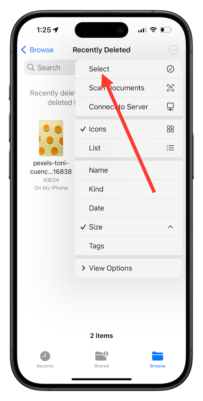 Select button iPhone Files app