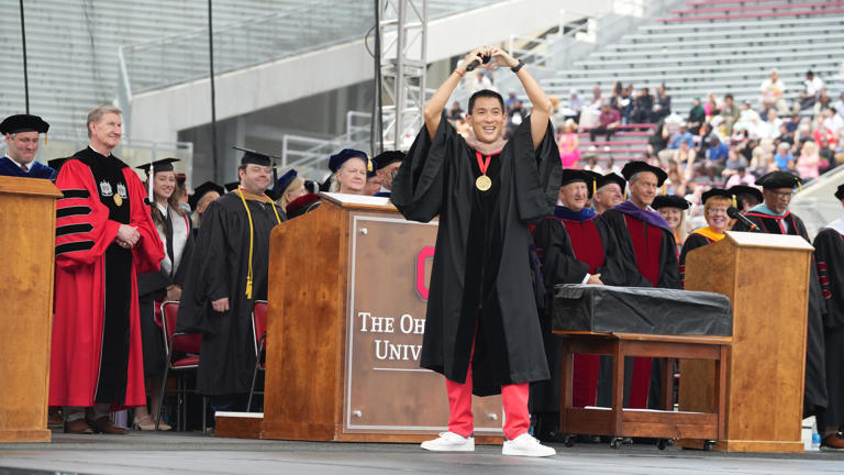 Commencement address speaker Chris Pan, founder of MyIntent, interacts with the crowd during the Ohio State Spring 2024 Commencement held Sunday, May 5, 2024 in Ohio Stadium.