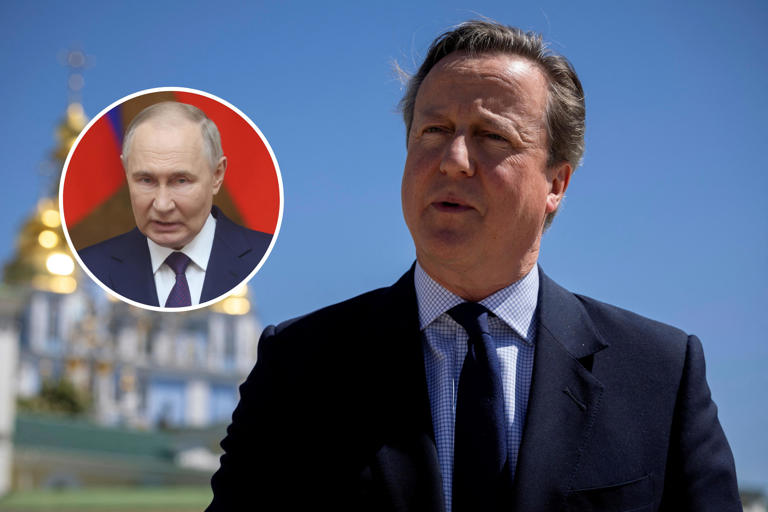 In the main image, the United Kingdom's Foreign Secretary David Cameron speaks outside St. Michael's Golden-Domed Monastery on May 2, 2024, in Kyiv, Ukraine. The small inset image shows Russian President Vladimir Putin speaking at the Tauride Palace on April 26, 2024, in Saint Petersburg, Russia. Comments made by Cameron regarding Ukraine's use of British weapons on Russian soil prompted a warning from Moscow about the potential for Russian attacks on British sites inside Ukraine and abroad.