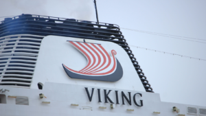MV Viking Star in North Sea Canal. Detail of funnel. VIK stock and VIK IPO