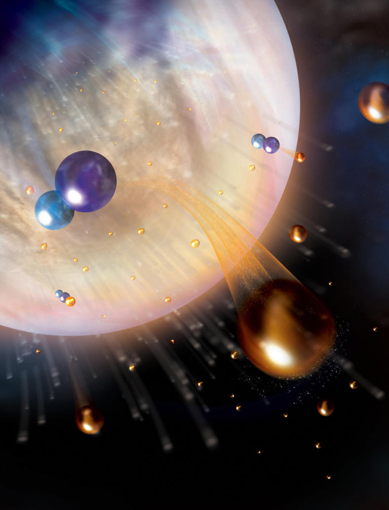 Venus today is dry thanks to water loss to space as atomic hydrogen. In the dominant loss process, an HCO+ ion recombines with an electron, producing speedy H atoms (orange) that use CO molecules (blue) as a launchpad to escape. Credit: Aurore Simonnet / Laboratory for Atmospheric and Space Physics / University of Colorado Boulder