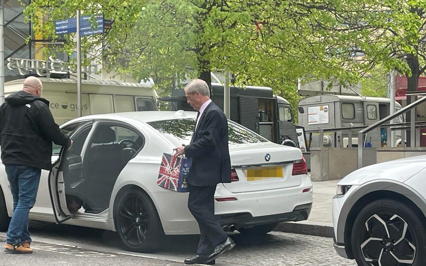 pictured: nigel farage used disabled parking space for 45-minute m&s shop