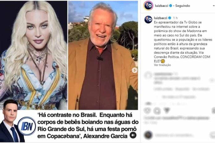 Alexandre Garcia fala sobre show de Madonna e o caos no Rio Grande do Sul – Reprodução/Instagram