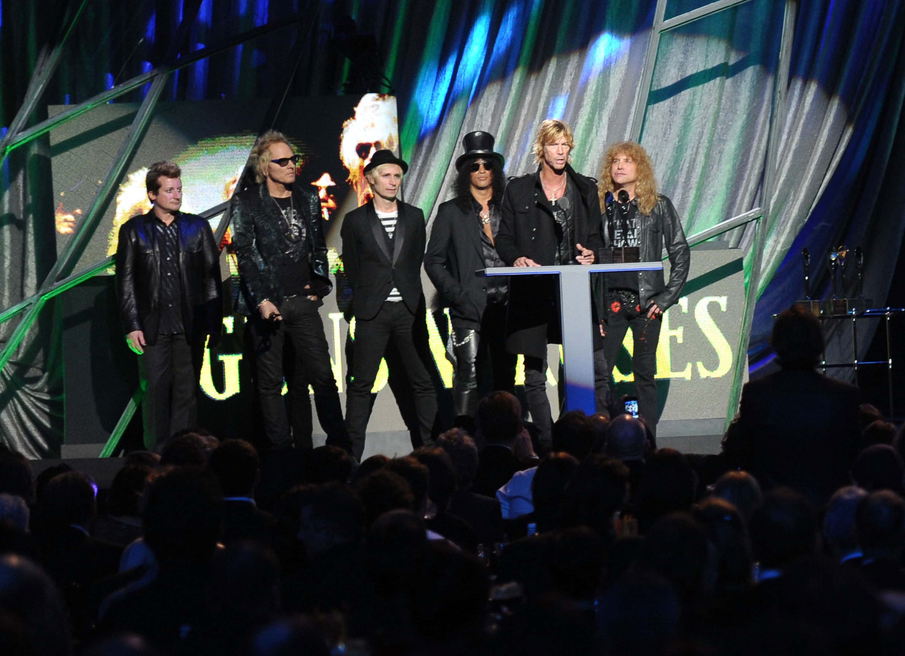 <p>In 2012, Guns N’ Roses’ classic lineup (Axl Rose, Duff McKagan, Dizzy Reed, Slash, Matt Sorum, Steven Adler, and Izzy Stradlin) were inducted into the Rock and Roll Hall of Fame. It also happened to be the first year that they were eligible.</p>