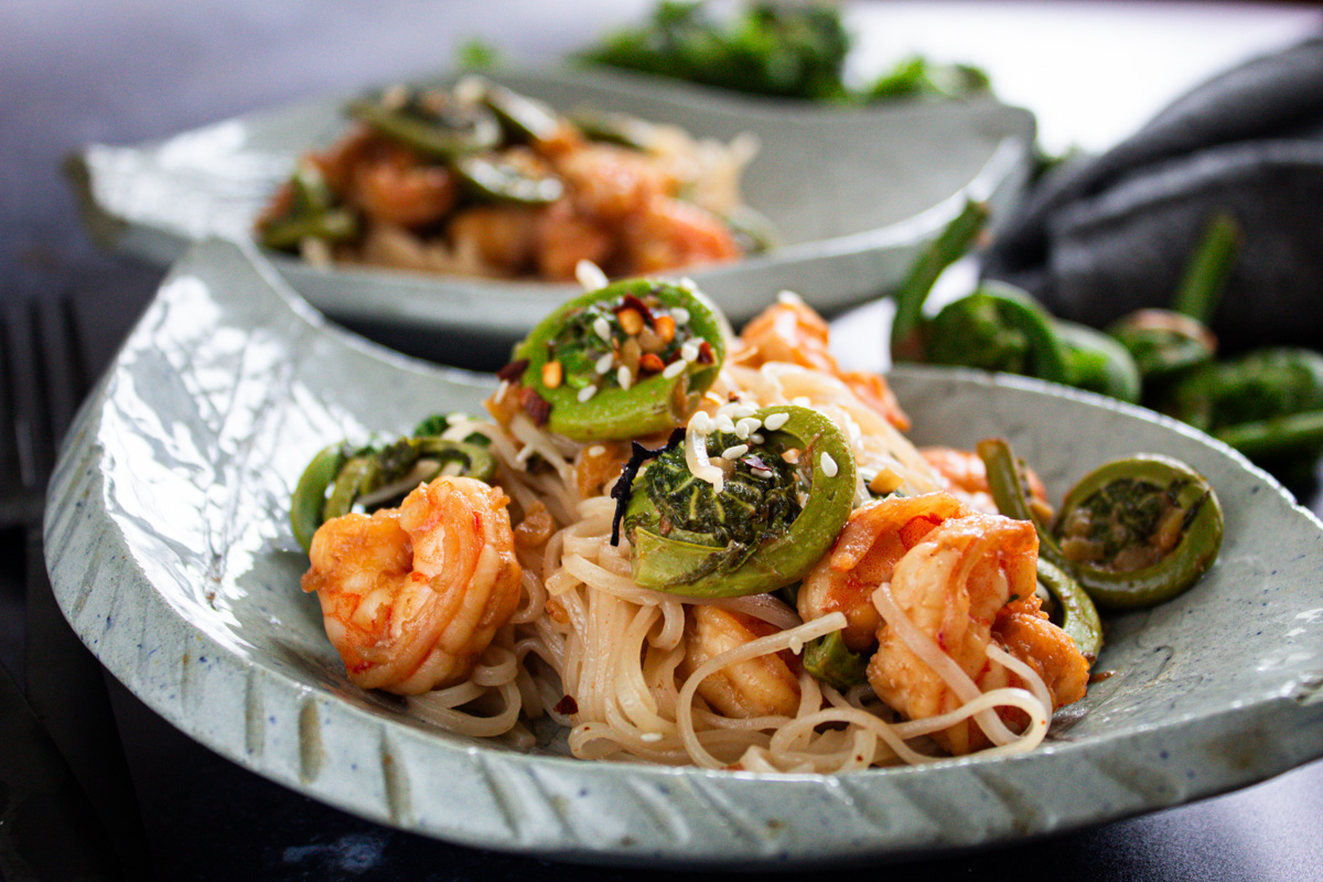 Fiddlehead Fern Recipe StirFry with Garlic Ginger Shrimp