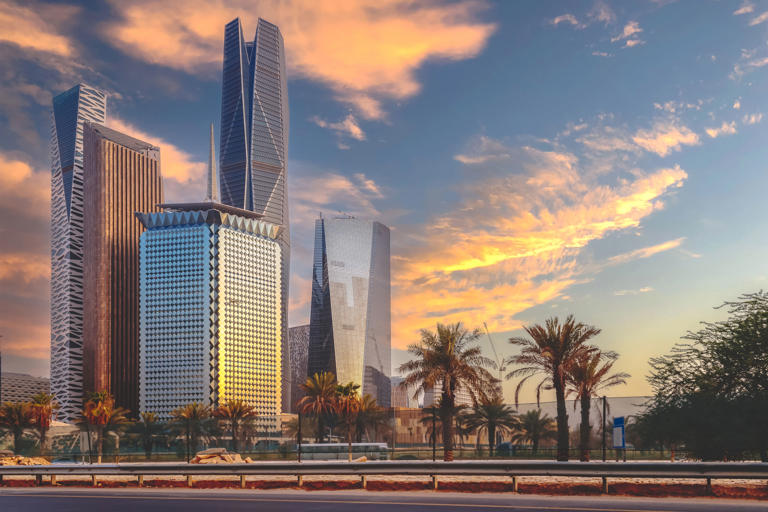Sunset over large buildings in King Abdullah Financial District, Riyadh, Saudi Arabia (Shutterstock)
