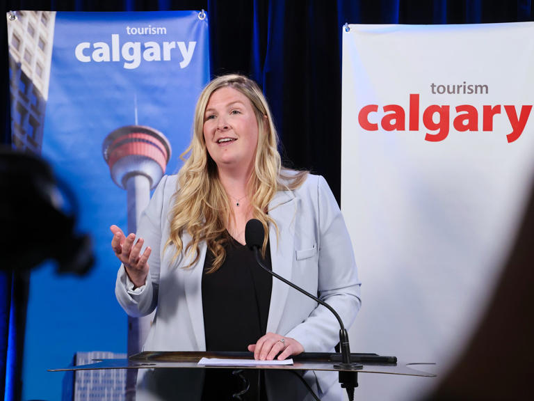 New Calgary Tourism CEO Alisha Reynolds talks with media at Hotel Arts on Monday May 6, 2024.  