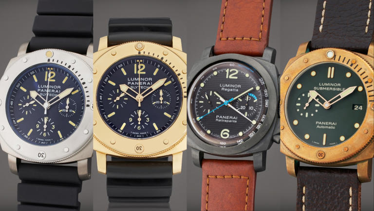 From left: Panerai Reference PAM00202 Luminor Submersible 1950 Chrono ‘Slytech', Panerai Reference PAM00269 Luminor Submersible ‘Piece Unique', Panerai Reference PAM00332 Luminor 1950 Regatta ‘Classic Yachts Challenge' and Panerai Reference PAM00382 Luminor Submersible 1950.