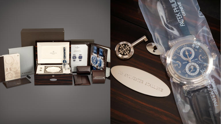 From left: The box and documentation for the Patek Philippe Reference 6300G-010 Grandmaster Chime and the watch itself.