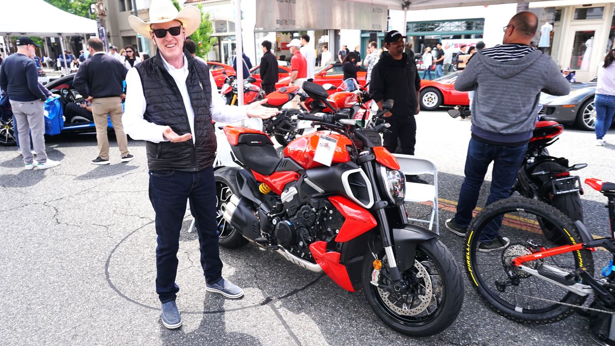 <p>Pro Italia, L.A.'s headquarters for cool Italian bikes, brought several Ducatis. Bill Nation, co-owner, proudly shows off a VR4.</p>