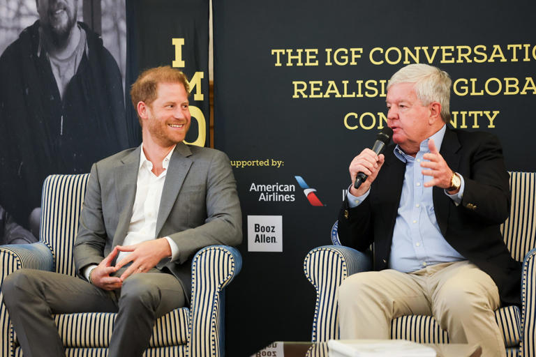 Prince Harry, Duke of Sussex and Patron of the Invictus Games Foundation, and Sir Keith Mills GBE DL speak onstage during The Invictus Games Foundation Conversation titled "Realizing a Global Community" in London on May 7, 2024.