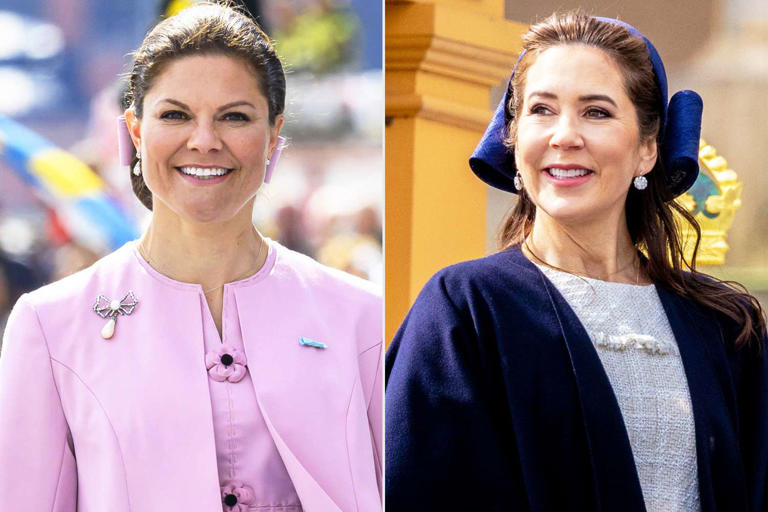 SIPA/Shutterstock; Shutterstock (Left) Crown Princess Victoria of Sweden at the start of the Danish state visit to Sweden on May 6, 2024; Queen Mary of Denmark at the start of the Danish state visit to Sweden on May 6, 2024.