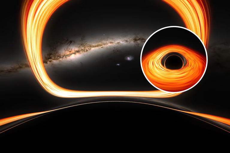 Image from a NASA simulation of falling into a black hole (main) and the supermassive black hole from afar (inset). This simulation shows what a person falling into a black hole would see.