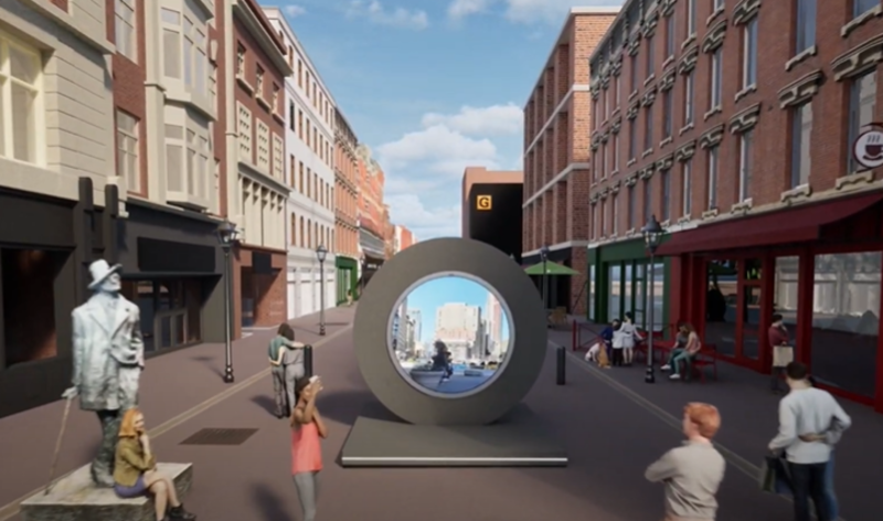 a 'portal' visually connecting new york city and dublin in real-time to open tomorrow