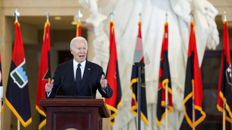 President Joe Biden speaks during the US Holocaust Memorial Museum's annual Day of Remembrance ceremony at the Capitol on May 7, 2024.