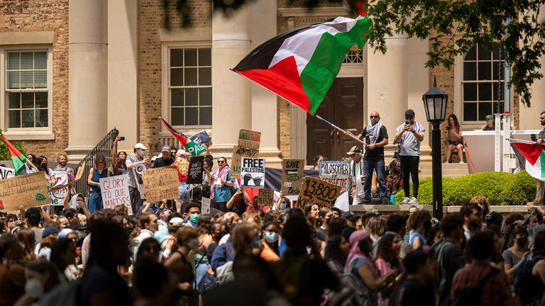 About 1,000 anti-Israel demonstrators formed a "Gaza solidarity encampment" at UNC-Chapel Hill. It was removed by police early on April 30, 2024. Getty Images