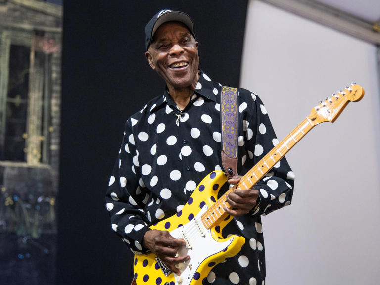 Buddy Guy is shown at the New Orleans Jazz and Heritage Festival in 2022. The 87-year-old blues great is on a farewell tour that arrived at the Wilbur in Boston on Monday and moves on to the Chevalier Theatre in Medford on Wednesday.