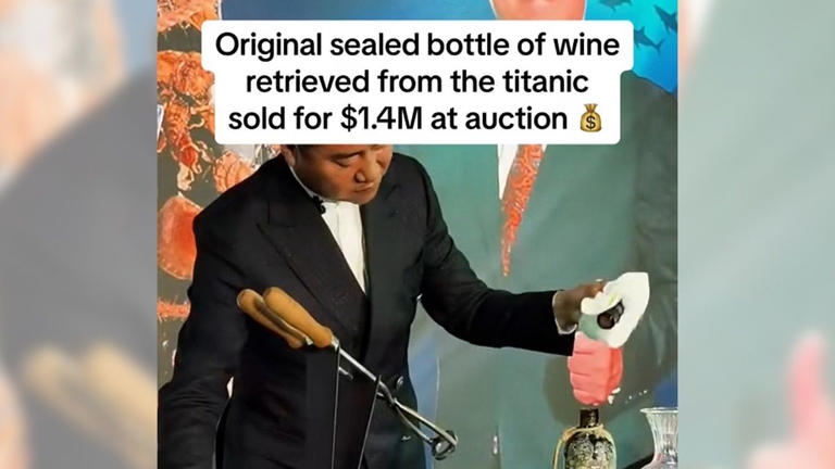An online rumor falsely claimed a video showed a bottle of wine retrieved from the wreckage of Titanic auctioned for $1.4 million. TikTok