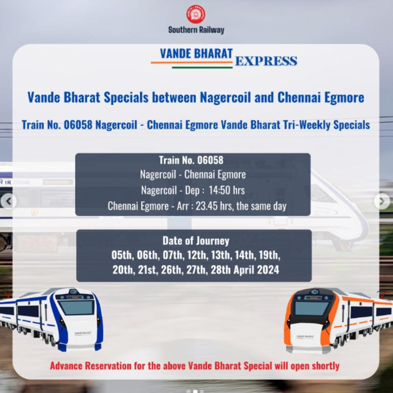 Vande Bharat Special Trains Between Chennai Egmore And Nagercoil, Check Full Timetable Here