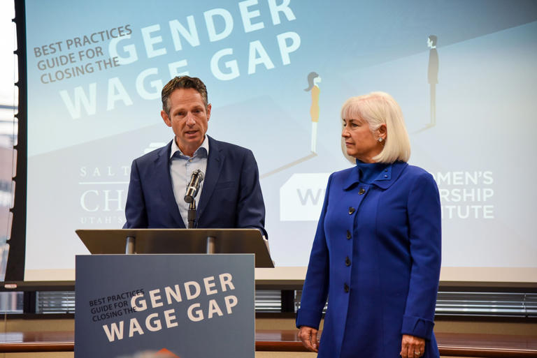 (Francisco Kjolseth | The Salt Lake Tribune) Derek Miller, President and CEO of the Salt Lake Chamber and Pat Jones, CEO of the Women's Leadership Institute, release a proposal on how to close the gender wage gap in Utah during a news conference at the Salt Lake Chamber on Friday, Nov. 30, 2018.