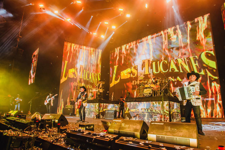 MONTERREY, MEXICO – APRIL 22: Los Tucanes de Tijuana perform during a concert at Arena Monterrey on April 22, 2023 in Monterrey, Mexico. (Photo by Medios y Media/Getty Images)