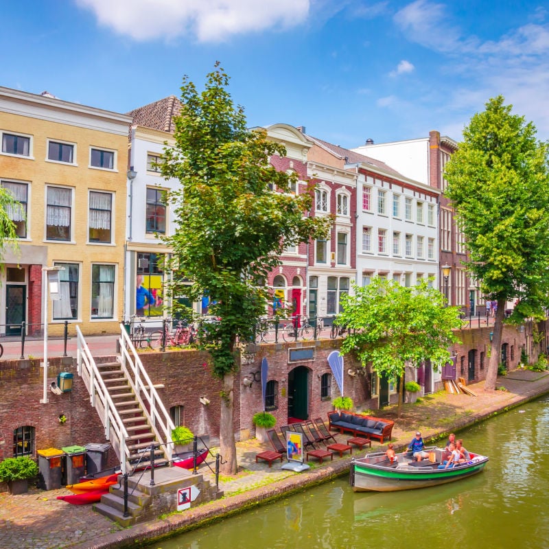 traditional houses along canal in utrecht