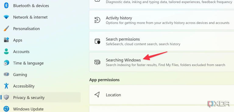 Searching Windows in Settings