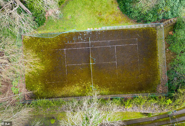 An aerial view of the tennis court at the old home of Bruce Forthsyth 