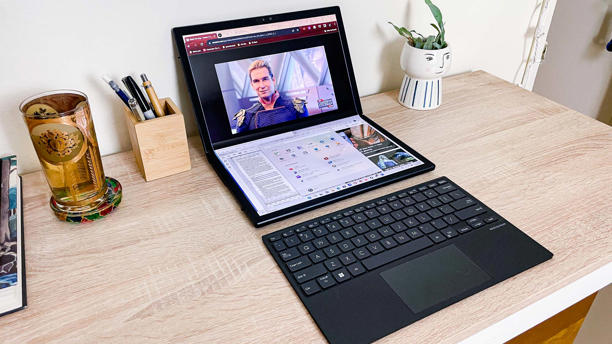 The inherent dual-screen functionality of a foldable laptop is nice to have when you're prepping for a session. (Image credit: Future)
