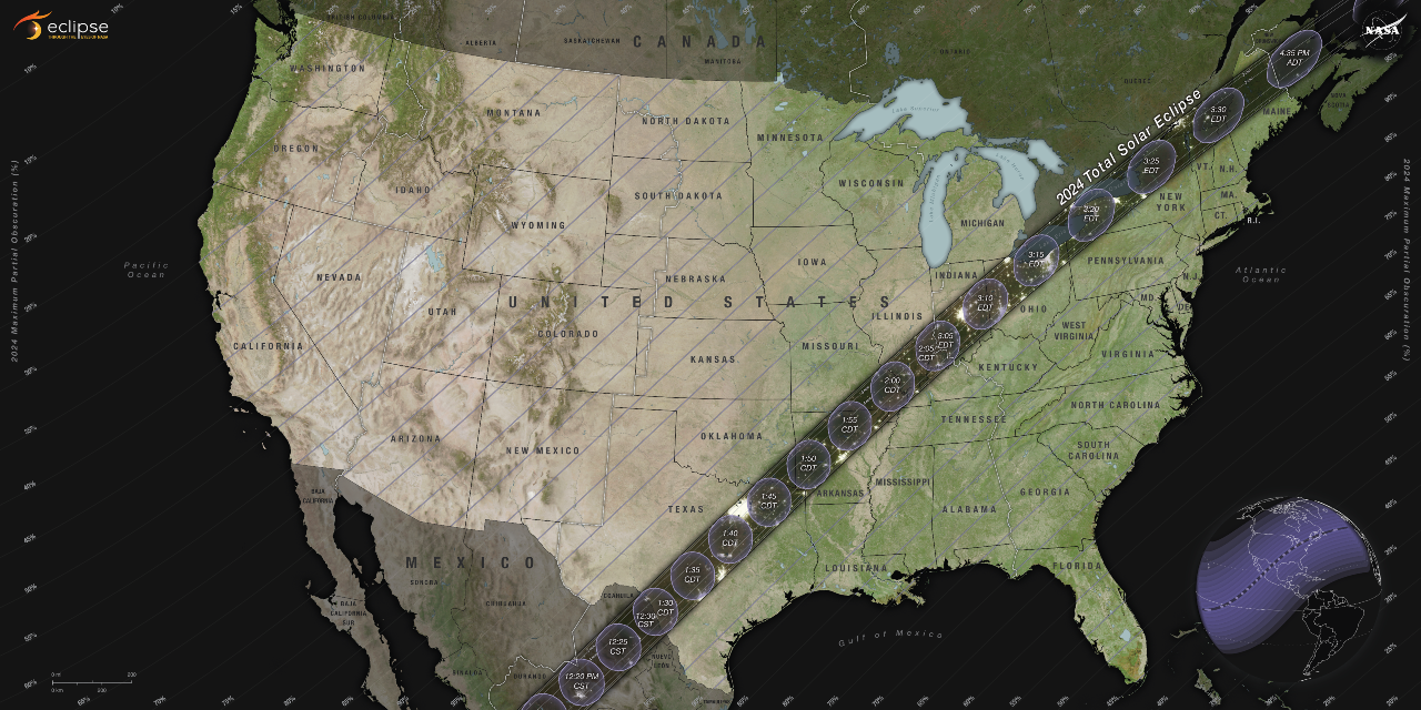 Este mapa da NASA mostra o trajecto exacto do eclipse solar do dia 8