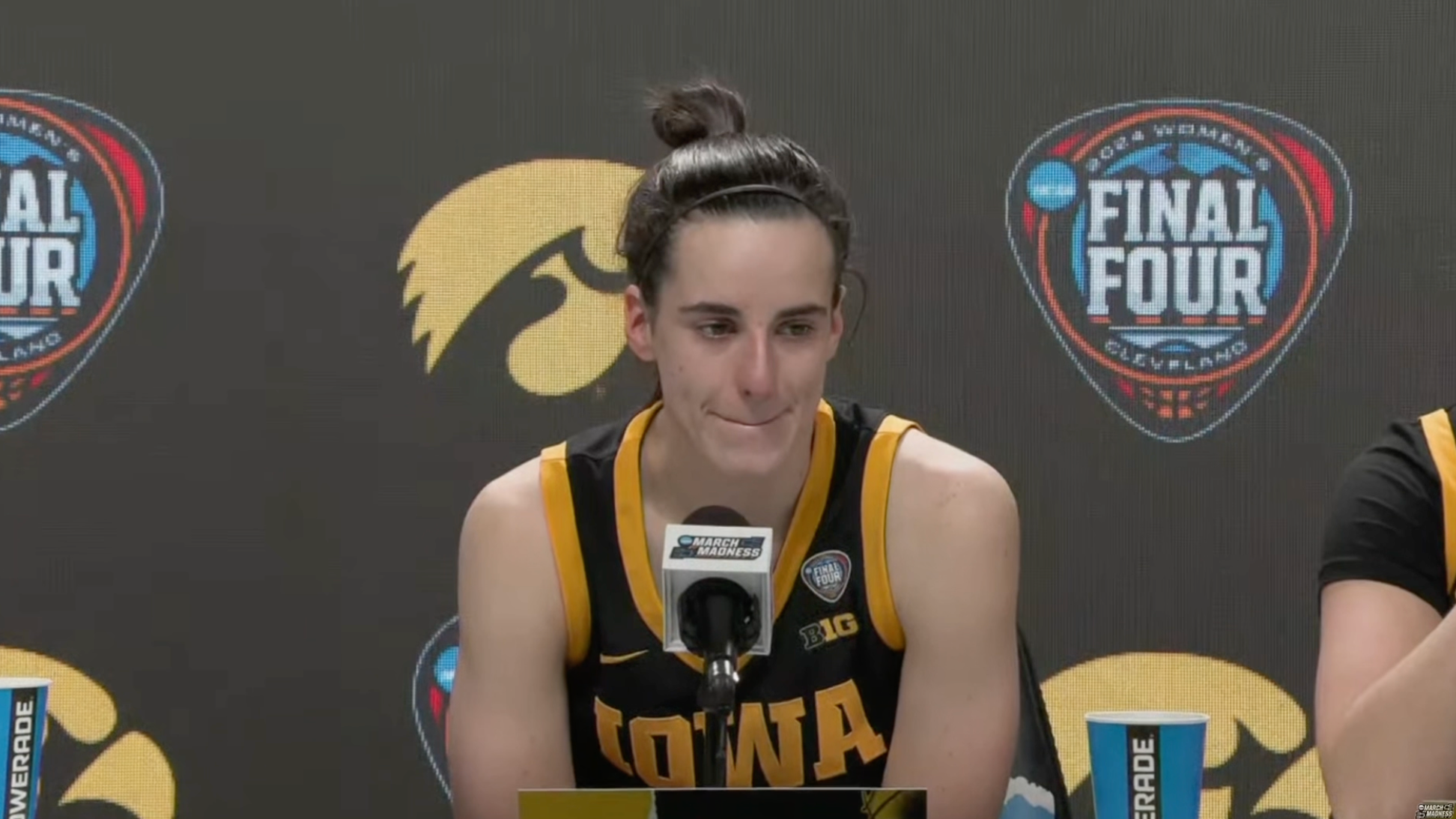Caitlin Clark emotional addressing the media after loss to South Carolina