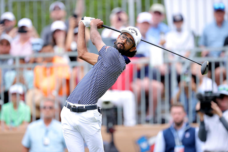 Apr 7, 2024; San Antonio, Texas, USA; Akshay Bhatia hits a tee shot at the first hole during the final round of the Valero Texas Open golf tournament. Mandatory Credit: Erik Williams-USA TODAY Sports
