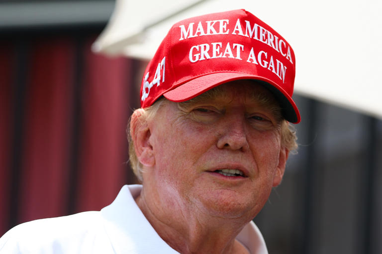 Donald Trump looks on at the first tee during day three of the LIV Golf Invitational - Miami at Trump National Doral Miami on April 07, 2024 in Doral, Florida. The former president is to issue a stance on abortion rights having been beaten by Joe Biden in a number of polls.
