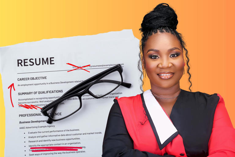 A collage image including 32-year-old recruiter Queen Nwaguru and a resume. Queen has shared her tips for what to remove from your resume.