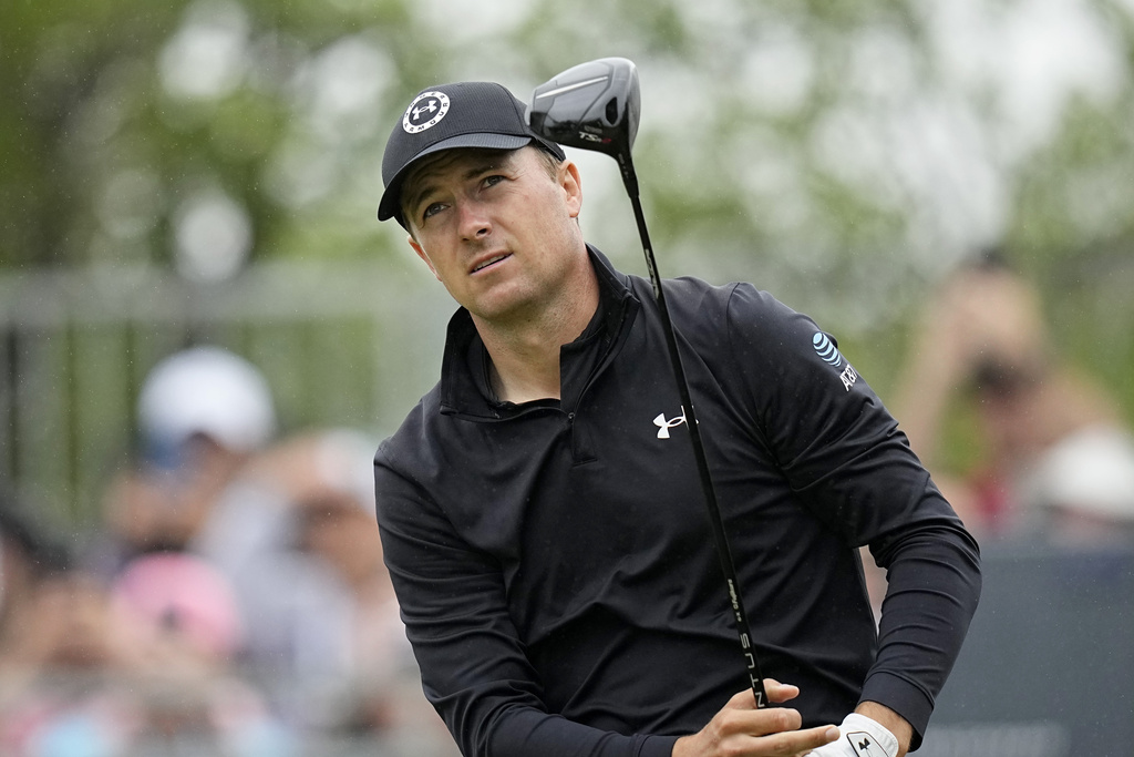 <p>Jordan Spieth watches his tee shot on the first hole during the third round of the Texas Open golf tournament, Saturday, April 6, 2024, in San Antonio. </p>