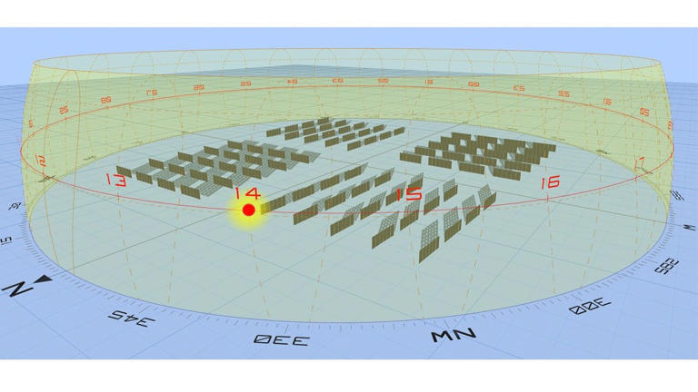 The arrangement of solar panel arrays sketched out in the study. The panels are aligned to catch sunlight along the horizon at virtually any time of day during austral summer. Credit: Argonne National Laboratory and National Renewable Energy Laboratory.)