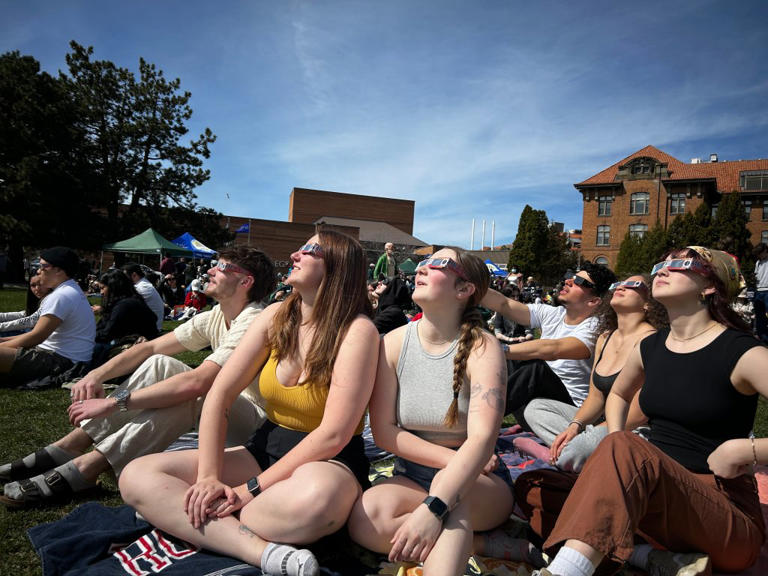 People gathering for the total solar eclipse at John Abbott College in Montreal's West Island.