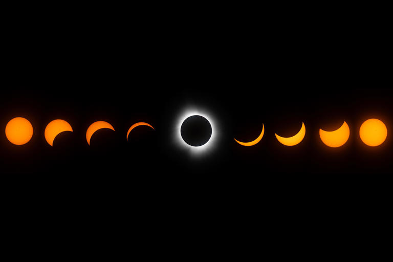 The progression of the total solar eclipse is shown in this composite image of nine photos taken between 1:29 p.m. and 4:25 p.m. on Monday, April 8, 2024, photographed from Indianapolis Motor Speedway.