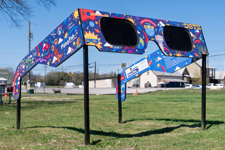 The City of Dripping Springs, Texas is preparing for the solar eclipse with a set of larger than life glasses on display at Veterans Memorial Park on March 5, 2024