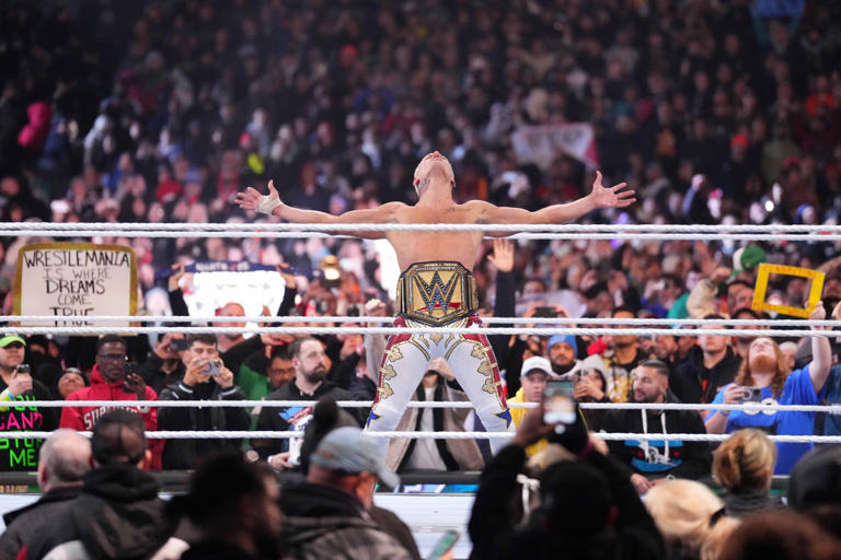 Apr 7, 2024; Philadelphia, PA, USA;  WWE Universal Championship match between Roman Reigns and Cody Rhodes  during Wrestlemania XL Sunday at Lincoln Financial Field. Mandatory Credit: Joe Camporeale-USA TODAY Sports
