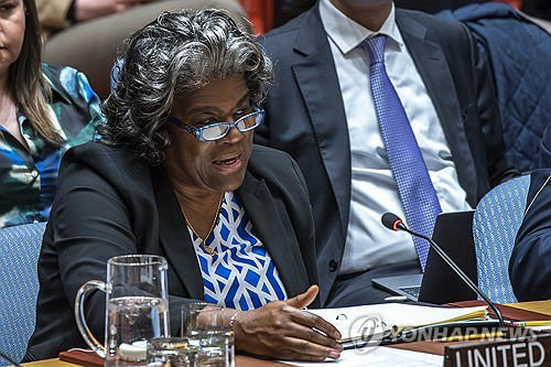This file photo, released by the Associated Press, shows U.S. Ambassador Linda Thomas-Greenfield addressing a meeting of the United Nations Security Council at the U.N. headquarters in New York on March 18, 2024. (Yonhap)